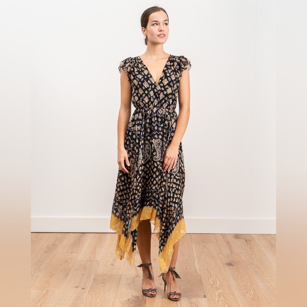 ULLA JOHNSON AURELIE DRESS - MIDNIGHT w/ YELLOW AND GOLD DETAIL